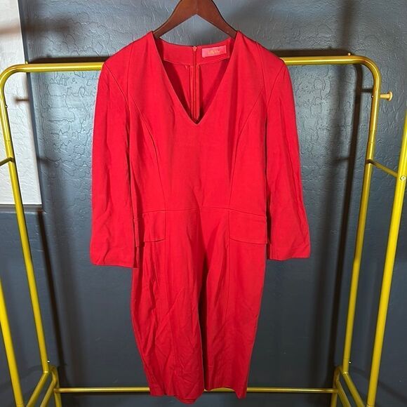 Made in Italy Vibrant Red Sheath Dress with 3/4 Bishop Sleeves for Cocktail - Picture 1 of 10
